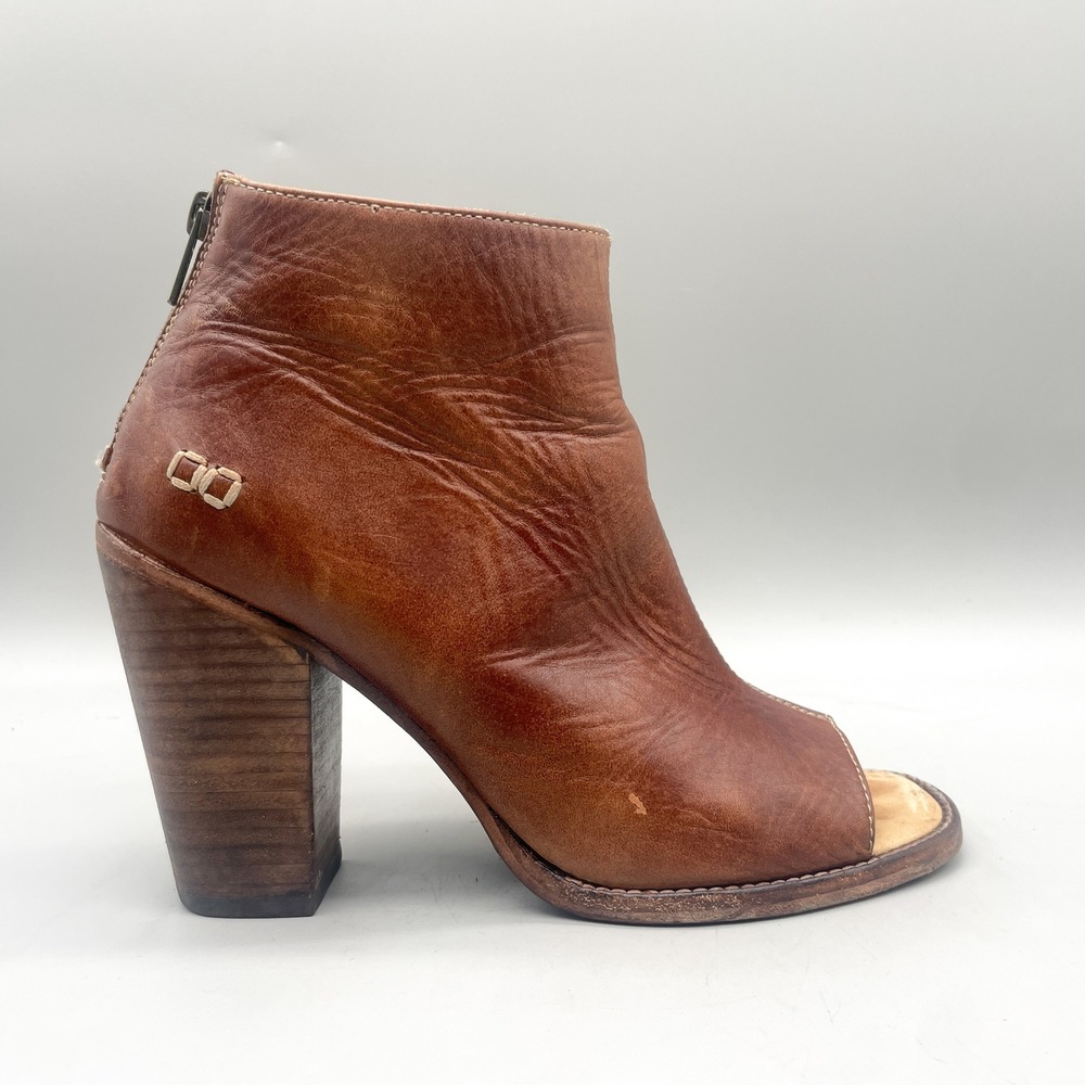 Bed Stu Womens 9.5 Onset Bootie Peep Toe Tan Brown Leather Block Heel Rustic